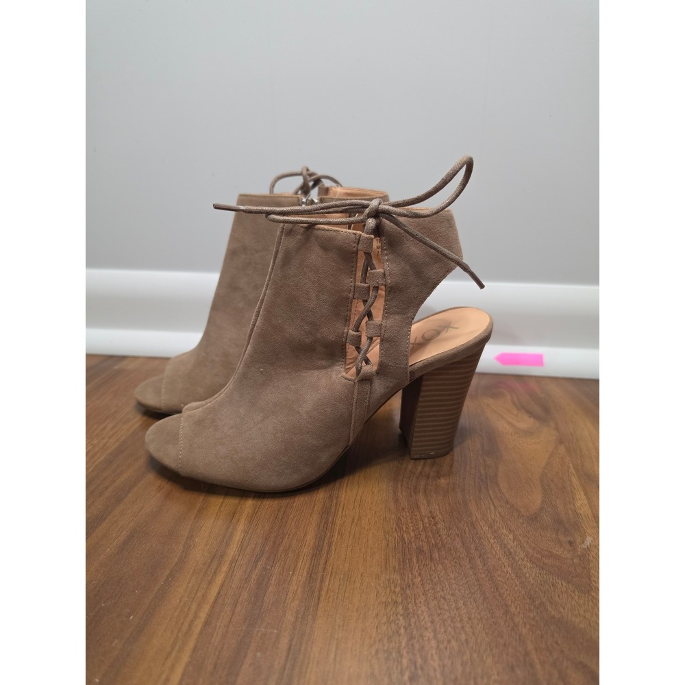 New XOXO Blaize Open Toe Booties 8 Taupe Lace Up Side Zip Block Heel Boots